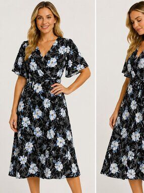 Cathy Women's XL Black Blue Floral Faux Wrap Midi Dress Short Sleeve Stretch